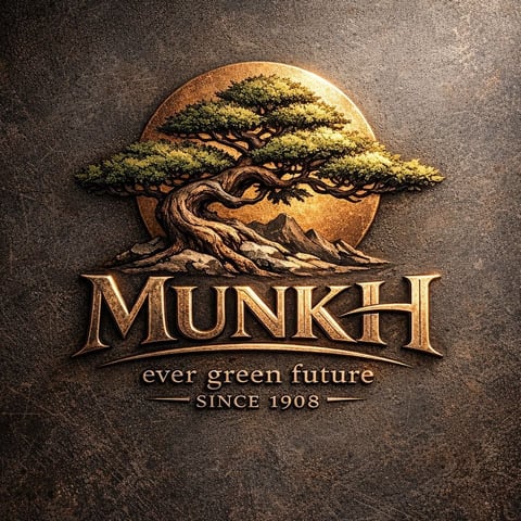Munkh logo featuring a stylized bonsai tree in gold over a textured gray background with text ever green future SINCE 1908