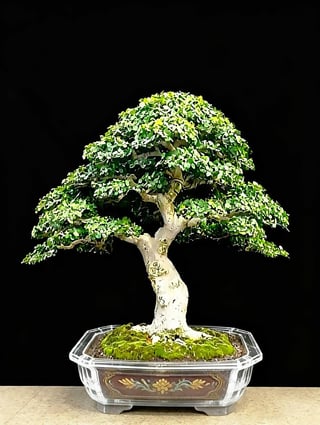 Bonsai tree with white trunk and lush green foliage