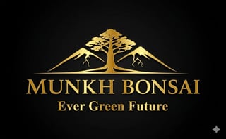 Munkh Bonsai logo featuring a gold tree with mountains and tagline Ever Green Future on black background