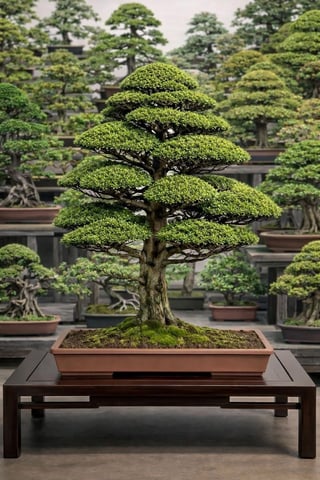 Pruned bonsai tree in terracotta pot on wooden stand